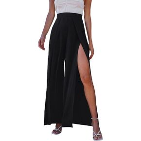 WDIRARA Women's Split Elastic Waist Wide Leg Tie Front Wrap Long Pants