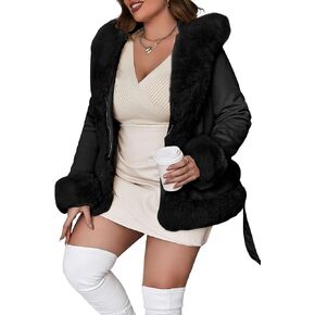 Geschallino Women's Faux Suede Leather Coat Winter Trendy Hooded Jacket Warm Fleece lined Dress Coat with Belt (1X-5X)