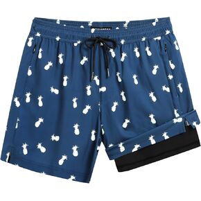 Mens 5" Swim Trunks with Compression Liner, Quick Dry Stretch Beach Shorts w/Zipper Pockets Board Shorts