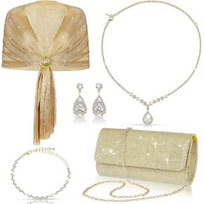 Tiamon 5 Pcs Rhinestone Jewelry Sets Shawls and Wraps Formal Clutch Purses for Women Evening Dresses Bridal Weddings