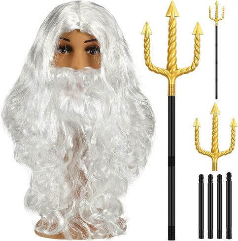 Wig and Beard Set Trident Santa Hair Beard Fancy Dress Costume Halloween Cosplay Golden Spear Prop Weapon Staff Accessories for Teens and Adults in Kuwait