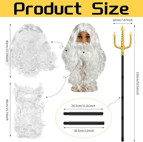 Wig and Beard Set Trident Santa Hair Beard Fancy Dress Costume Halloween Cosplay Golden Spear Prop Weapon Staff Accessories for Teens and Adults in Kuwait