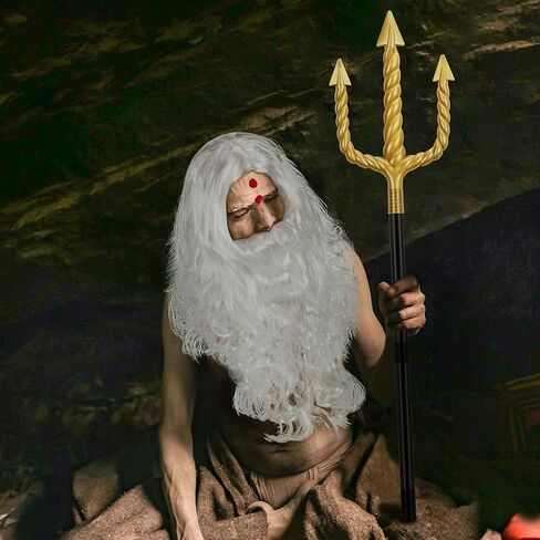 Wig and Beard Set Trident Santa Hair Beard Fancy Dress Costume Halloween Cosplay Golden Spear Prop Weapon Staff Accessories for Teens and Adults in Kuwait