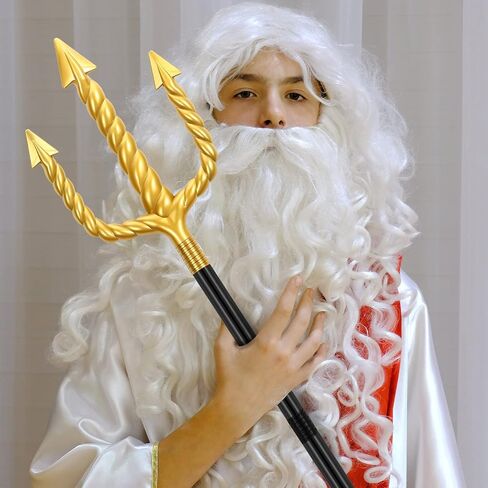 Wig and Beard Set Trident Santa Hair Beard Fancy Dress Costume Halloween Cosplay Golden Spear Prop Weapon Staff Accessories for Teens and Adults in Kuwait