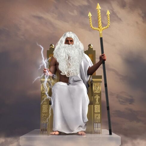 Wig and Beard Set Trident Santa Hair Beard Fancy Dress Costume Halloween Cosplay Golden Spear Prop Weapon Staff Accessories for Teens and Adults in Kuwait