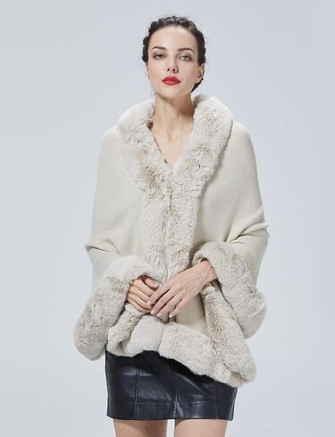 SUFCOMOU Women Faux Fur Shawl Wrap Cape with Fur Trim Sleeveless Cardigan Dressy Cloak Winter Poncho Coat for Wedding in Kuwait