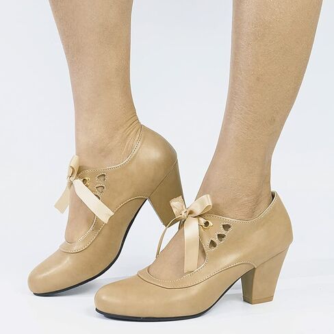 Erocalli Women's Mary Jane Pumps Chunky Block Shoes Heart Hollow Adorable Vintage Shoes Unique Round Toe Lace Up in Kuwait