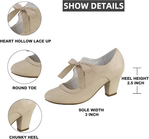 Erocalli Women's Mary Jane Pumps Chunky Block Shoes Heart Hollow Adorable Vintage Shoes Unique Round Toe Lace Up in Kuwait