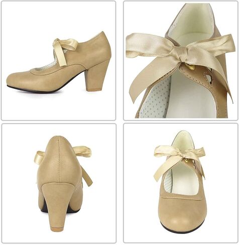 Erocalli Women's Mary Jane Pumps Chunky Block Shoes Heart Hollow Adorable Vintage Shoes Unique Round Toe Lace Up in Kuwait