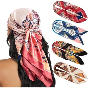 HBselect 4PCS Head Scarf for Women 35" Head Scarves Silk Like Satin Neck Scarfs Square Bandana Hair Wraps Scarf for Sleeping