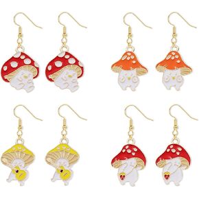 T-ztoss 4 Pairs Gold Fashion Woman Sweet Fresh Handmade Mushroom Drop Dangle earring Chic Charm Colorful Drop Oil Mushroom Food Earrings Cute Funny Alloy Plant Shape Ear Pendant Fashion Jewelry Gifts for Women Girls