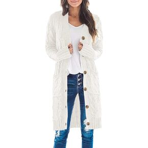 MEROKEETY Womens Long Sleeve Cable Knit Long Cardigan Open Front Button Sweater Outerwear in Saudi Arabia