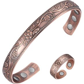 Jecanori Pure Copper Bracelet and Copper Ring for Women Men,Vintage Flower Wristband Brazaletes Valentine's Day Gifts