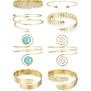sailimue 8 Pcs Arm Cuff Upper Arm Band Cuff Bracelets for Women Minimalist Simple Coil Bangle Gold Silver Adjustable Open Armlet Armband Costume Jewelry Set