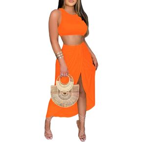 LYANER Women's 2 Piece Outfits Sleeveless Tank Crop Top and Wrap Split Slit Ruched Bodycon Midi Skirt