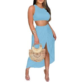 LYANER Women's 2 Piece Outfits Sleeveless Tank Crop Top and Wrap Split Slit Ruched Bodycon Midi Skirt