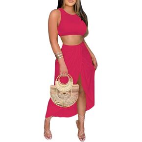 LYANER Women's 2 Piece Outfits Sleeveless Tank Crop Top and Wrap Split Slit Ruched Bodycon Midi Skirt in Saudi Arabia