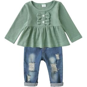 YALLET Baby Girl Clothes Infant Toddler Girl Outfits Ruffle Top+Ripped Denim Jeans Pants Set