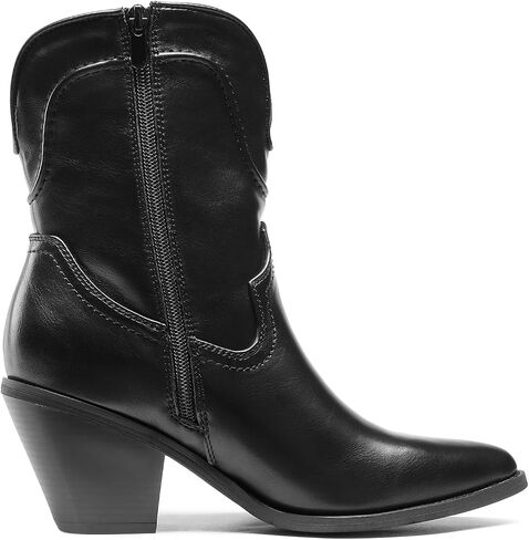 DREAM PAIRS المرأة كاوبوي حذاء من الجلد الموضة الغربية راعية البقر معتدل العجل الأحذية منخفضة كتلة مكتنزة كعب أشار تو الخريف الجوارب الأحذية in Kuwait