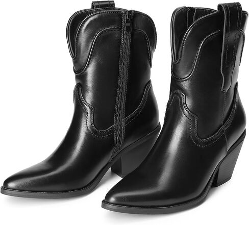 DREAM PAIRS المرأة كاوبوي حذاء من الجلد الموضة الغربية راعية البقر معتدل العجل الأحذية منخفضة كتلة مكتنزة كعب أشار تو الخريف الجوارب الأحذية in Kuwait