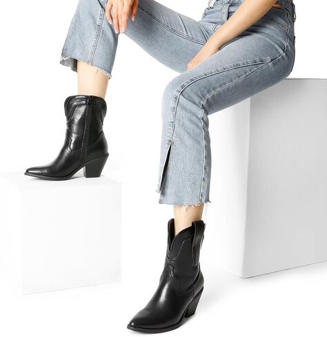 DREAM PAIRS المرأة كاوبوي حذاء من الجلد الموضة الغربية راعية البقر معتدل العجل الأحذية منخفضة كتلة مكتنزة كعب أشار تو الخريف الجوارب الأحذية in Kuwait