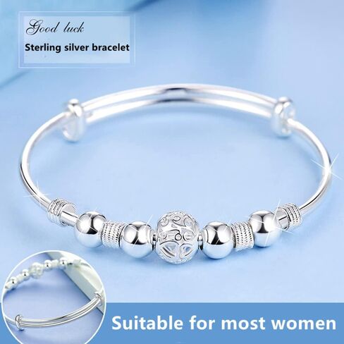 Sterling Silver Bracelets For Women 925 Sterling Silver Beads Bangle Bracelet Transfer Lucky Cuff Bracelet Adjustable Fashion Women Jewelry Girls Fidget Bracelet For Anxiety Jewelry Friendship Gift in Kuwait