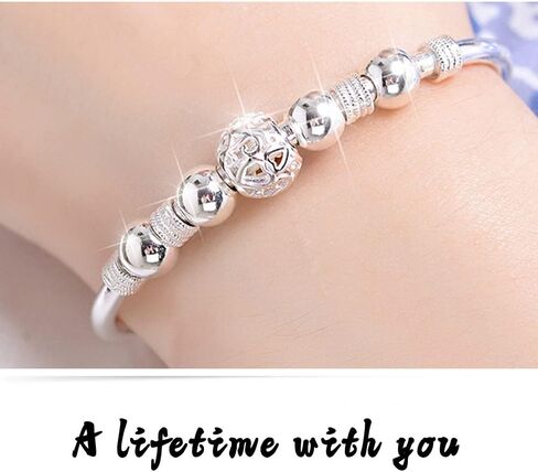 Sterling Silver Bracelets For Women 925 Sterling Silver Beads Bangle Bracelet Transfer Lucky Cuff Bracelet Adjustable Fashion Women Jewelry Girls Fidget Bracelet For Anxiety Jewelry Friendship Gift in Kuwait