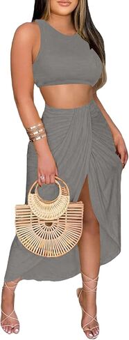 LYANER Women's 2 Piece Outfits Sleeveless Tank Crop Top and Wrap Split Slit Ruched Bodycon Midi Skirt in Saudi Arabia