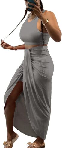 LYANER Women's 2 Piece Outfits Sleeveless Tank Crop Top and Wrap Split Slit Ruched Bodycon Midi Skirt in Saudi Arabia