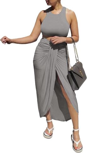 LYANER Women's 2 Piece Outfits Sleeveless Tank Crop Top and Wrap Split Slit Ruched Bodycon Midi Skirt in Saudi Arabia