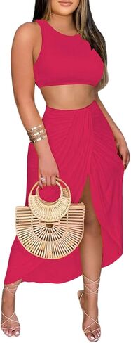 LYANER Women's 2 Piece Outfits Sleeveless Tank Crop Top and Wrap Split Slit Ruched Bodycon Midi Skirt in Kuwait
