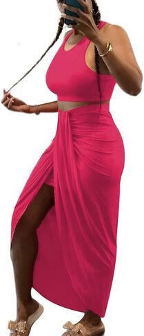 LYANER Women's 2 Piece Outfits Sleeveless Tank Crop Top and Wrap Split Slit Ruched Bodycon Midi Skirt in Kuwait