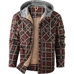 Flygo Men's Outdoor Casual Fleece Sherpa Lined Flannel Plaid Button Down Shirt Jacket