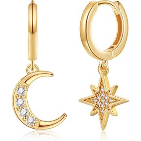 SANNYRA Hoop Earrings for Women - 14K Gold Plated Cubic Zirconia Moon Star Spike Lightning Evil Eye Dangle Huggie Drop Dangle Earrings Jewelry for Women