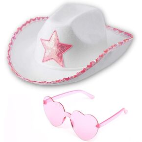 Funcredible White Pink Cowgirl Hat with Heart Glasses - Pink Cowboy Hat with Pink Sequin Star - Halloween Cow Girl Costume Accessories - Fun Rodeo Party Hats and Goggles for Kids, Girls and Women in Kuwait