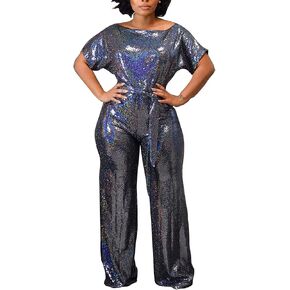 LKOUS Women's Evening Sparkly Jumpsuits Off Shoulder Short Sleeve Party Sequins Rompers High Waisted Wide Leg Pants Suit in Kuwait