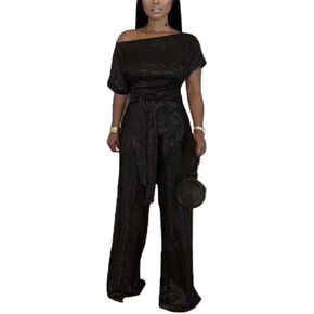 LKOUS Women's Evening Sparkly Jumpsuits Off Shoulder Short Sleeve Party Sequins Rompers High Waisted Wide Leg Pants Suit in Saudi Arabia