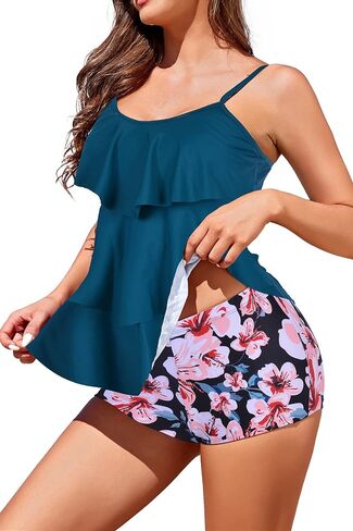 Womens Tankini Swimsuits with Boy Shorts Tummy Control Plus Size Modest Flounce Vintage Tank Top Two Piece Bathing Suits in Kuwait