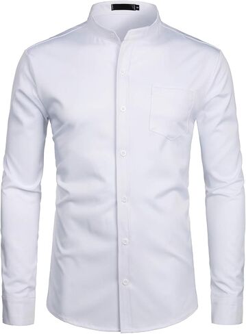 ZEROYAA Men's Banded Collar Slim Fit Long Sleeve Casual Button Down Dress Shirts with Pocket in Saudi Arabia