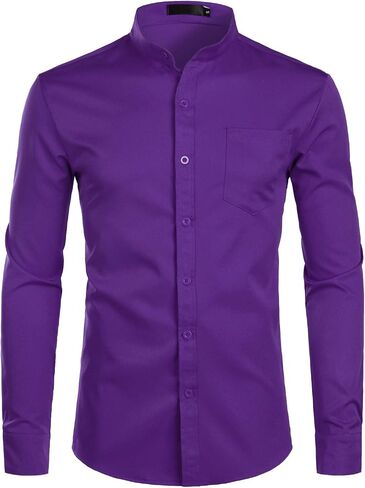 ZEROYAA Men's Banded Collar Slim Fit Long Sleeve Casual Button Down Dress Shirts with Pocket in Saudi Arabia