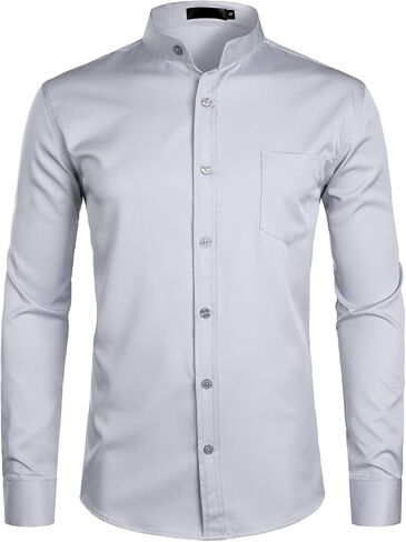 ZEROYAA Men's Banded Collar Slim Fit Long Sleeve Casual Button Down Dress Shirts with Pocket in Saudi Arabia