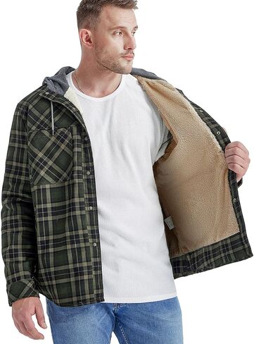 Flygo Men's Outdoor Casual Fleece Sherpa Lined Flannel Plaid Button Down Shirt Jacket in Kuwait