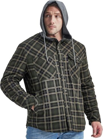 Flygo Men's Outdoor Casual Fleece Sherpa Lined Flannel Plaid Button Down Shirt Jacket in Kuwait