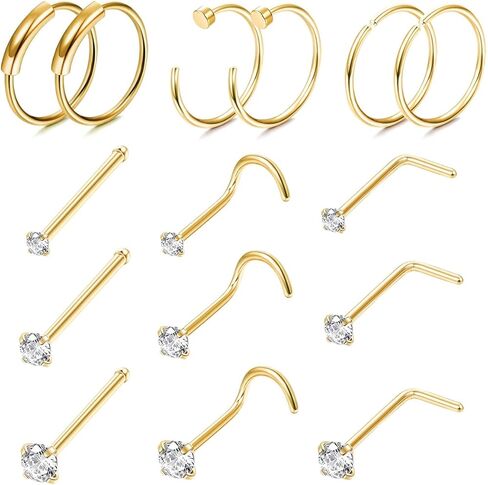FINREZIO 15PCS 22G 20G 18G Surgical Steel Nose Rings Hoop Studs Cartilage Earrings Body Piercing Jewelry 1.5mm 2mm 2.5mm CZ in Saudi Arabia