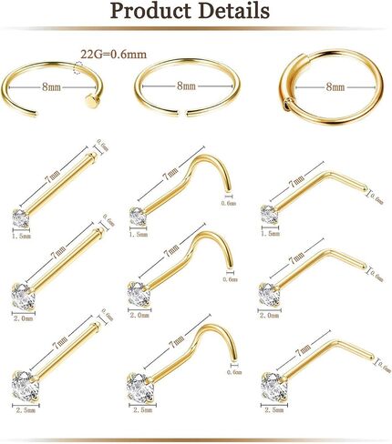 FINREZIO 15PCS 22G 20G 18G Surgical Steel Nose Rings Hoop Studs Cartilage Earrings Body Piercing Jewelry 1.5mm 2mm 2.5mm CZ in Saudi Arabia