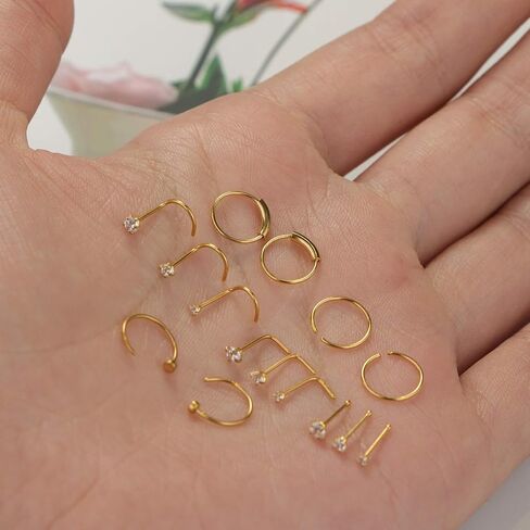 FINREZIO 15PCS 22G 20G 18G Surgical Steel Nose Rings Hoop Studs Cartilage Earrings Body Piercing Jewelry 1.5mm 2mm 2.5mm CZ in Saudi Arabia