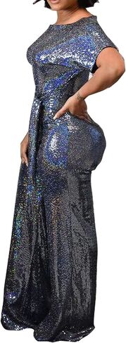 بدلة قفز نسائية مسائية سباركلي من LKOUS بدون أكتاف وأكمام قصيرة للحفلات مزينة بالترتر وخصر عالي وبنطلون بأرجل واسعة in Kuwait