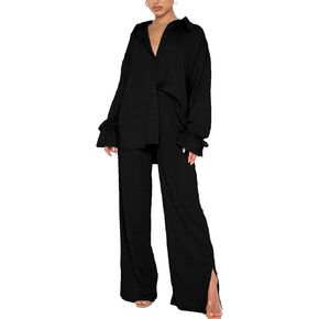 LYANER Women's 2 Piece Outfits Button Down Long Sleeve Shirt and Wide Leg Pants Set