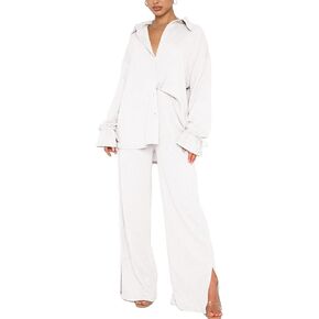 LYANER Women's 2 Piece Outfits Button Down Long Sleeve Shirt and Wide Leg Pants Set