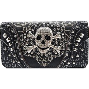 WESTERN ORIGIN Sugar Skull Day of the Dead Cross Bone Studs Punk Gothic Art Rivet Studded Women Wristlet Trifold Wallet (#2 Black) in Saudi Arabia